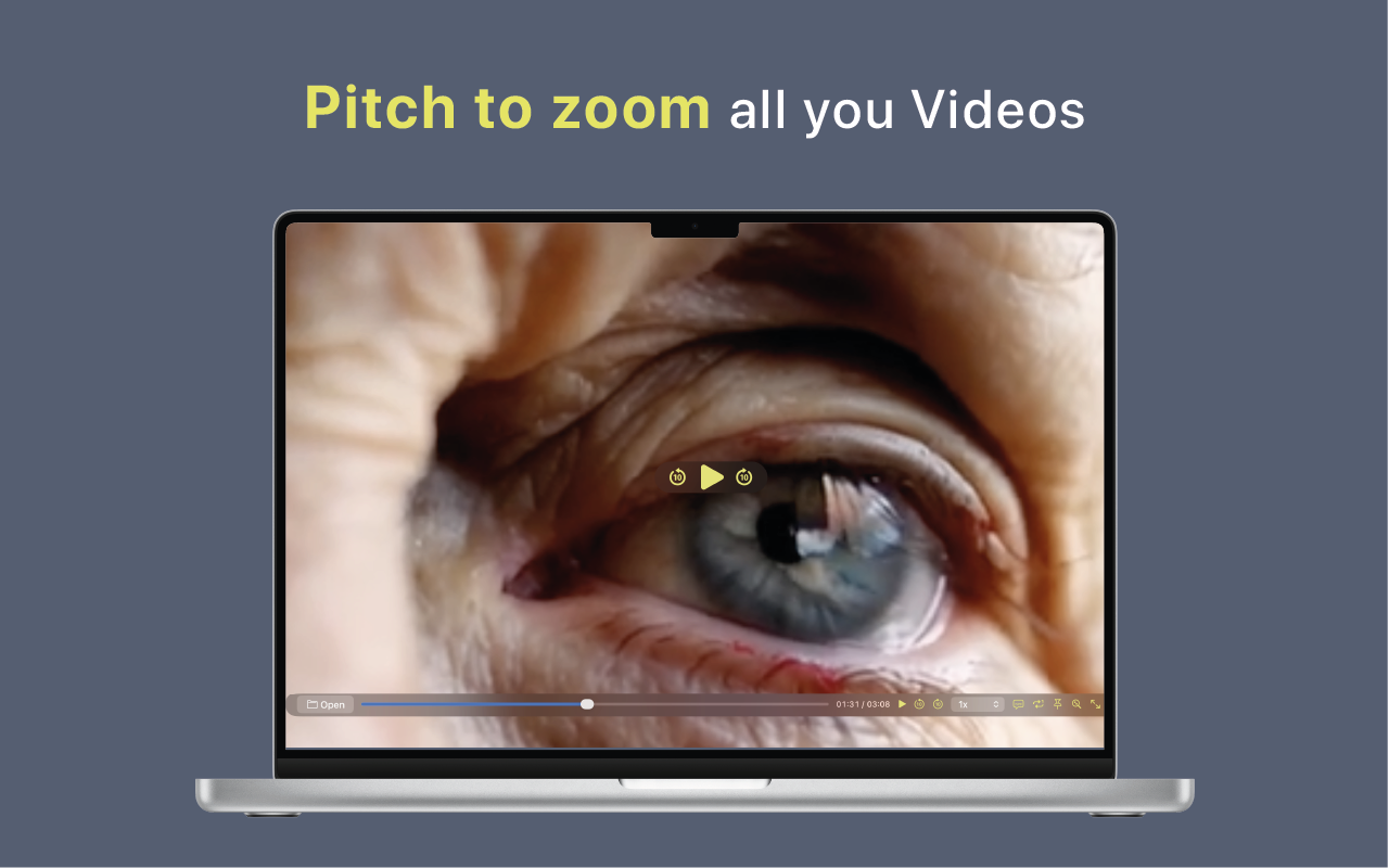 Pinch zoom video player for MacBook showing real-time video zoom controls with Apple trackpad or mouse support