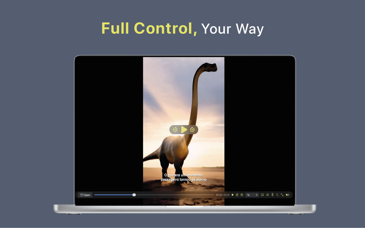 macOS video player screenshot showing zoom tools and timeline controls